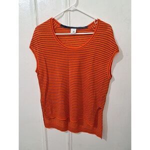 Iris And Ink Womens Medium  Linen Knit Top Orange Blue Stipe Cap Sleeve